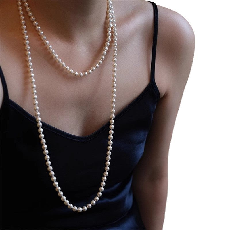 Wholesale Round long pearl necklace retro double layer multi-layer stacking